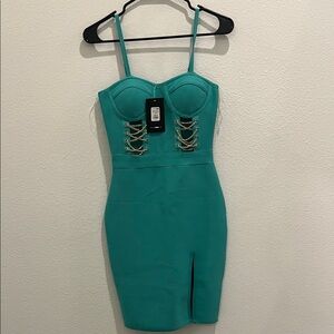 Fashion Nova Teal Mini Dress with Gold Accents